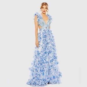 Mac Duggal 2220 NWT Ruffle Tiered Cap Sleeve Cut Out Open Back Gown